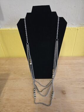 Lucky Brand Multi-Strand Silver Necklace with Gold Bead Accents